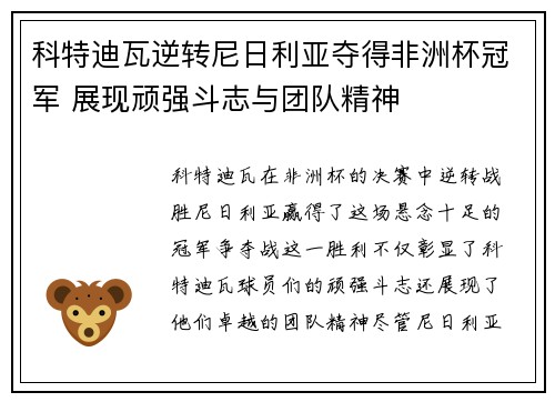 科特迪瓦逆转尼日利亚夺得非洲杯冠军 展现顽强斗志与团队精神